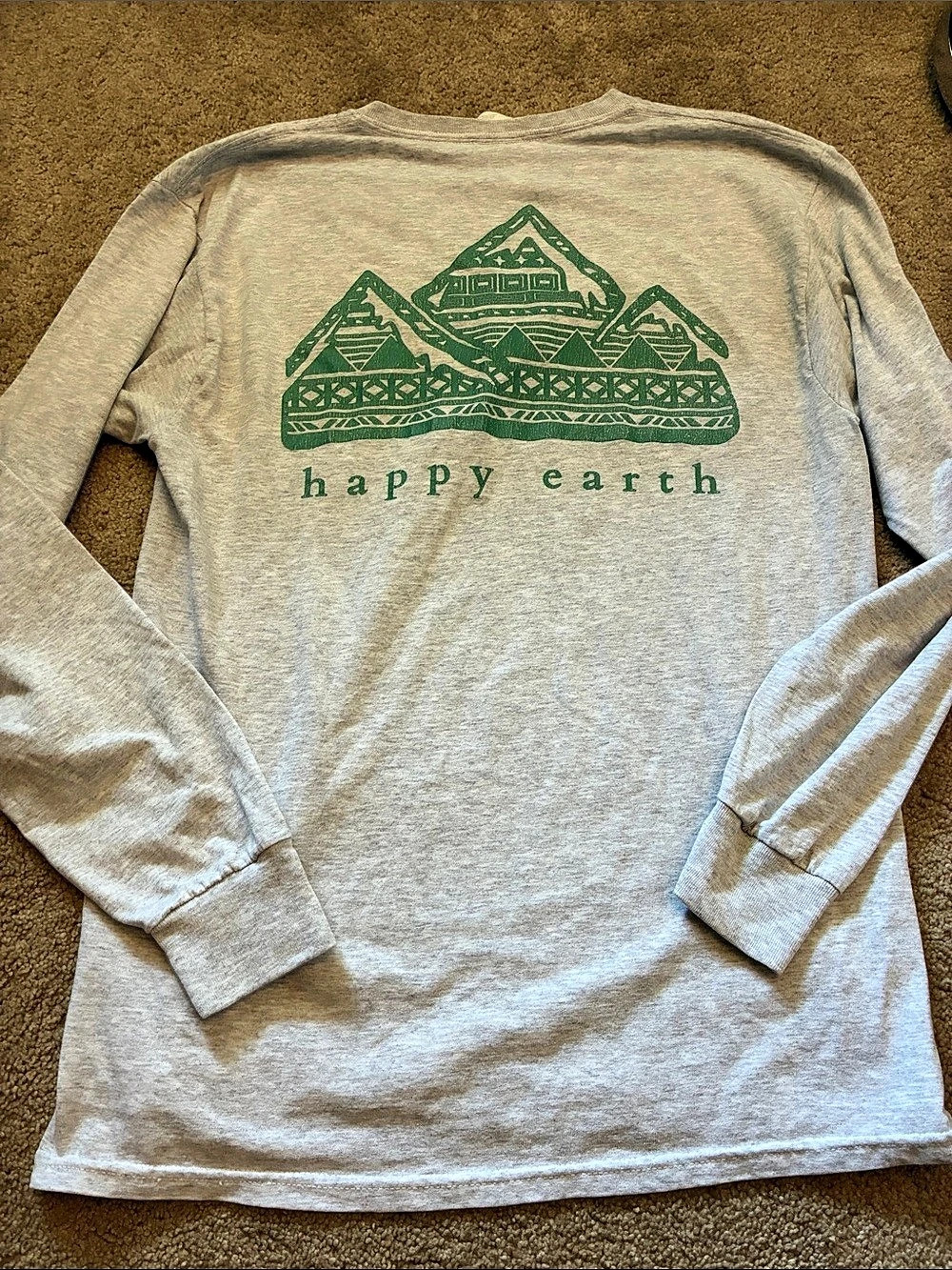 Happy Earth Cascadian Peak Long Sleeve Organic Cotton Graphic Tee Grey Green M